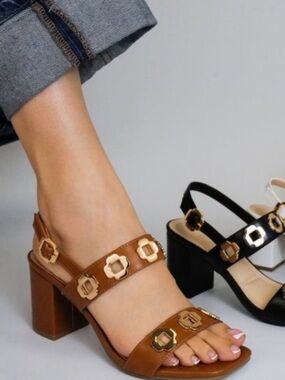 TOP Moda Brown Block Heel Sandals with Gold Accents